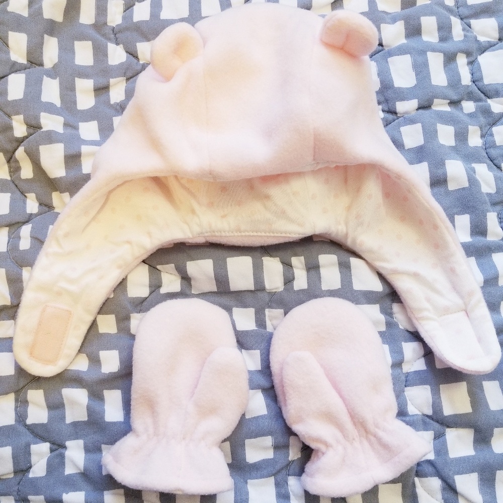 Baby GAP pink teddy bear hat and mittens set